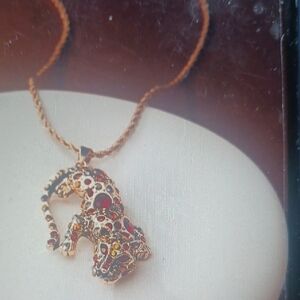 Gold-Tone Leopard Pendant Necklace with Red & Amber Stones